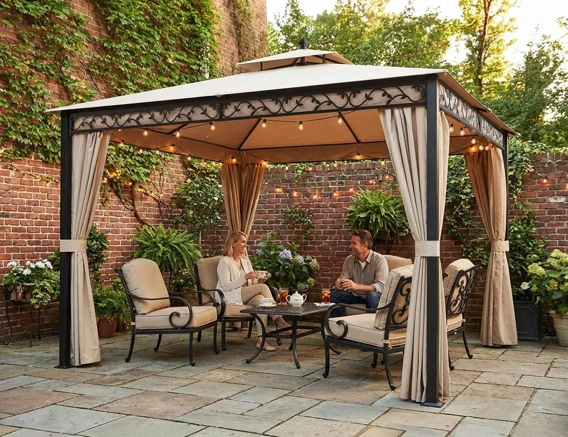 a couple setting under a sunjoy canopy gazebo