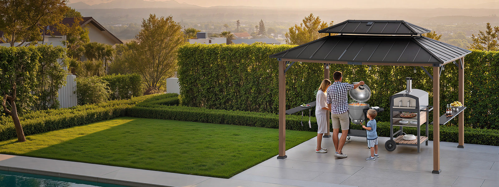 family gathering and bbq under the sunjoy grill gazebo
