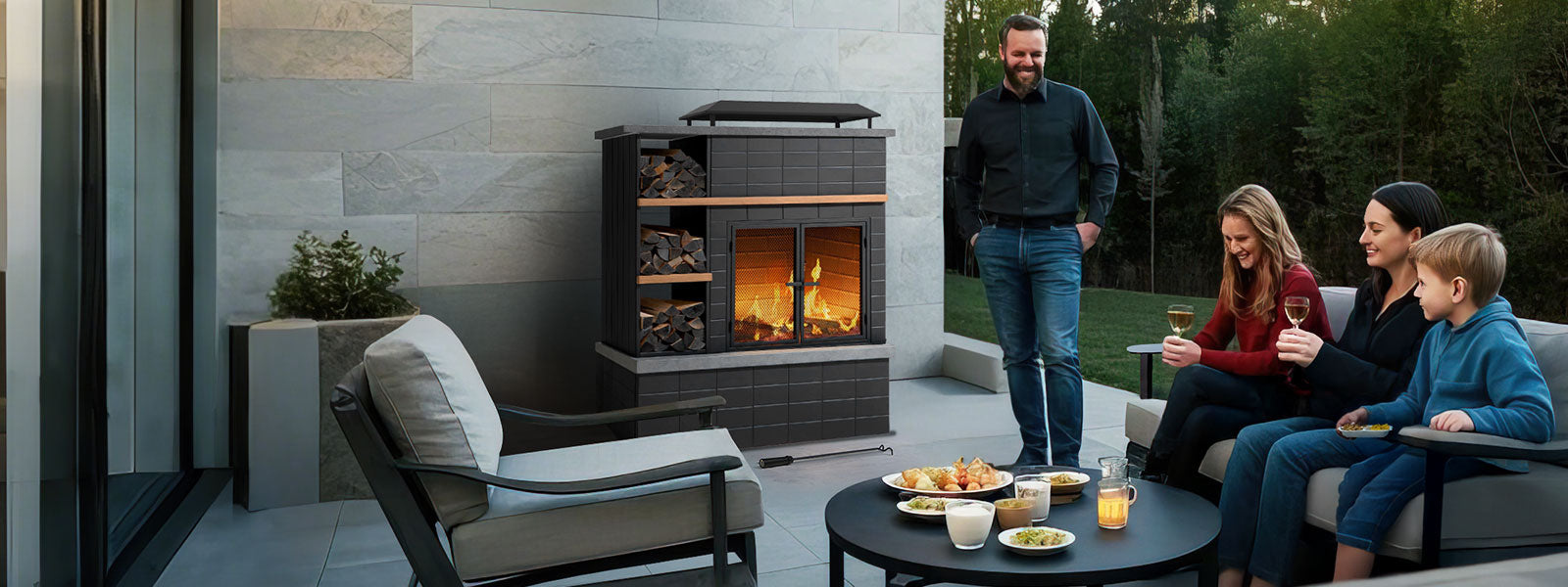 Empire Outdoor 36-Inch Stainless Steel Electronic Ignition Fireplace With  Logs - OP36FB2MF / OLX24WR / ONI24 | BBQDirect.com, image size:1600x600