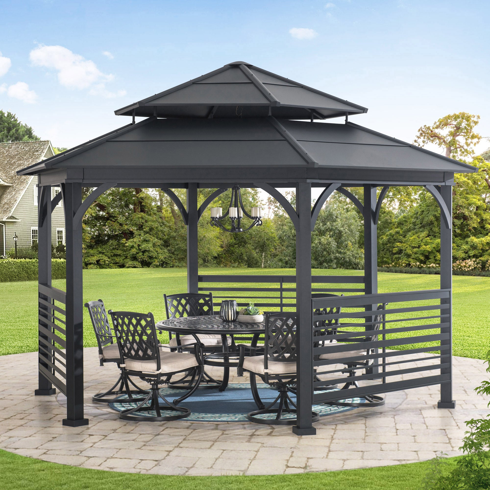 SUNJOY 15x15 Metal Roof Hexagon Gazebo with Decorative Fence.
