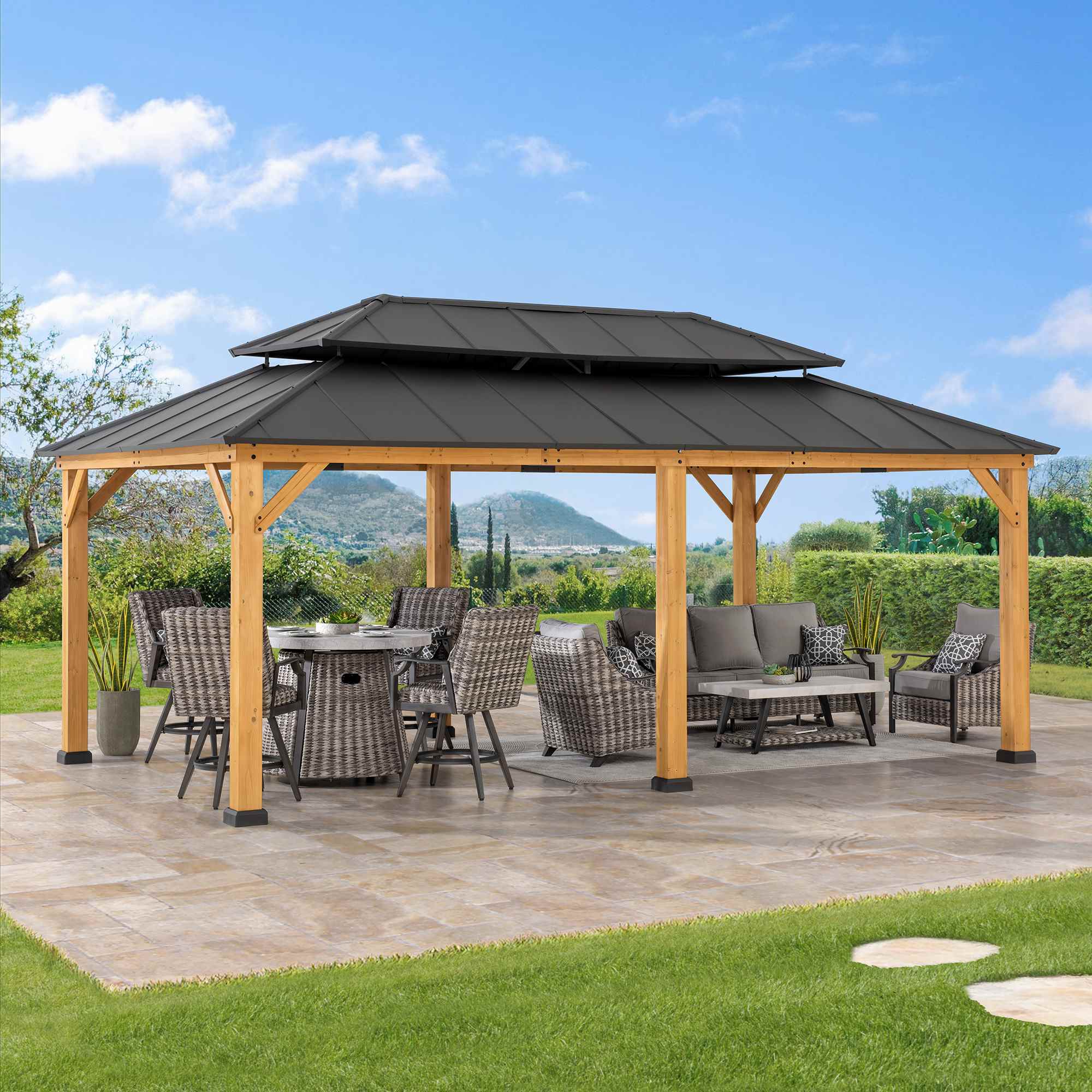 Sunjoy 12x20 ft. Aluminum Hardtop Gazebo, Cedar Frame Wood Gazebo with Dual Rails and Ceiling Hook.