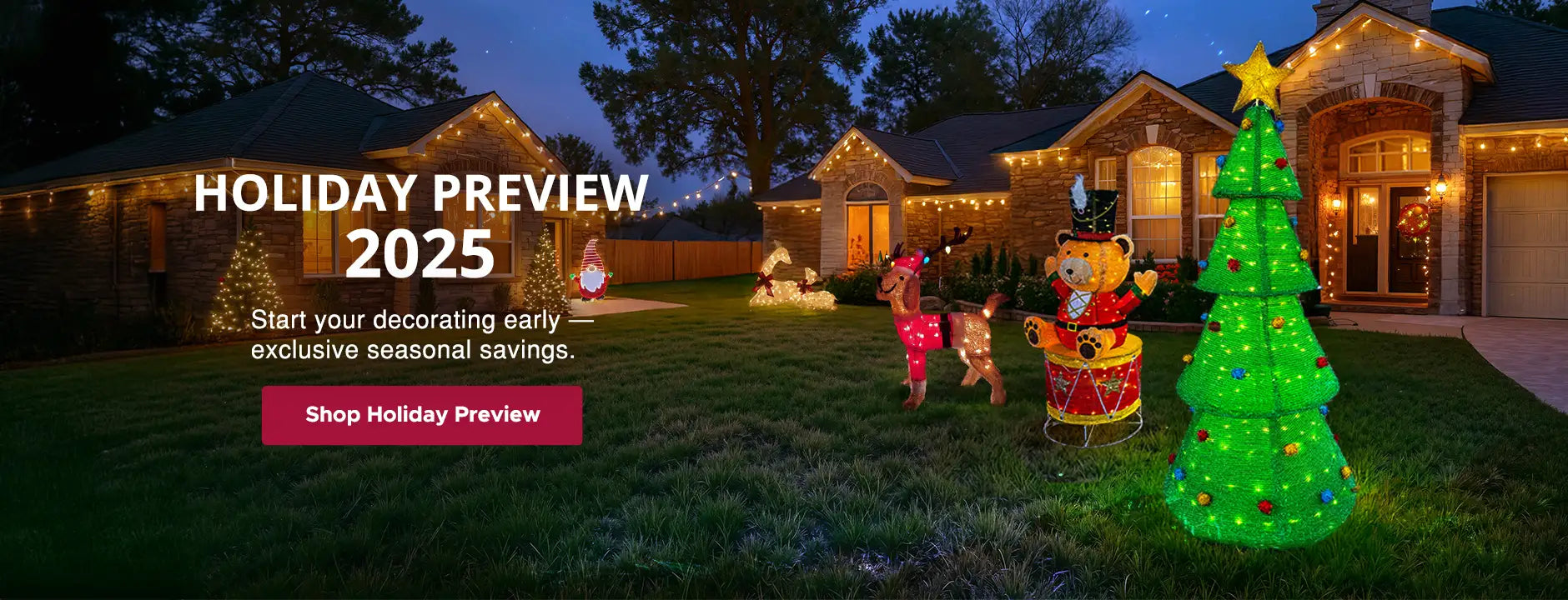 Houses decorated with Christmas lights and ornaments, including a large green inflatable tree, with a 'Holiday Preview 2025' banner.