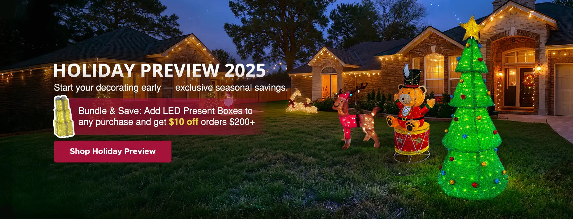 Houses decorated with Christmas lights and ornaments, including a large green inflatable tree, with a 'Holiday Preview 2025' banner.