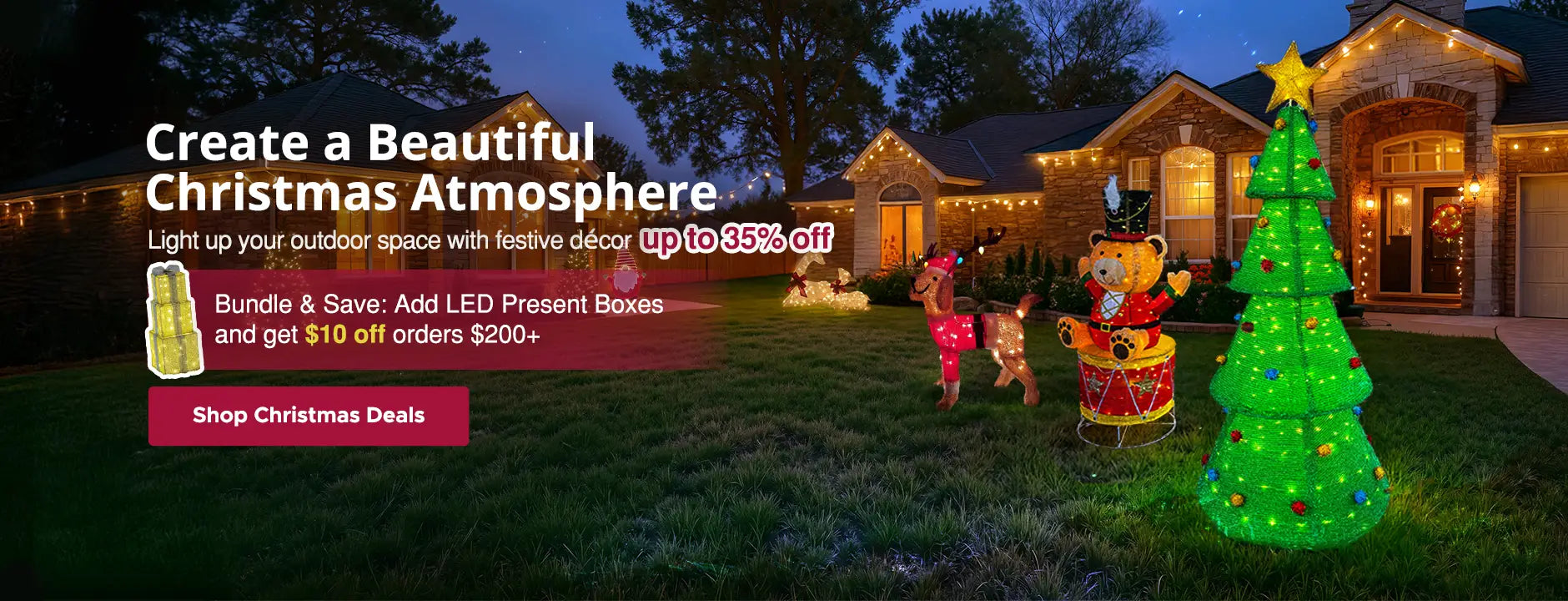 Houses decorated with Christmas lights and ornaments, including a large green inflatable tree, with a 'Holiday Preview 2025' banner.