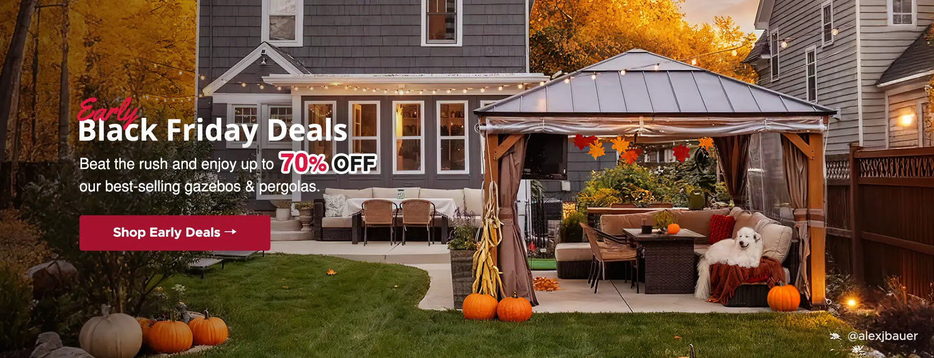 Backyard with gazebo, pumpkins, and Black Friday sale banner.