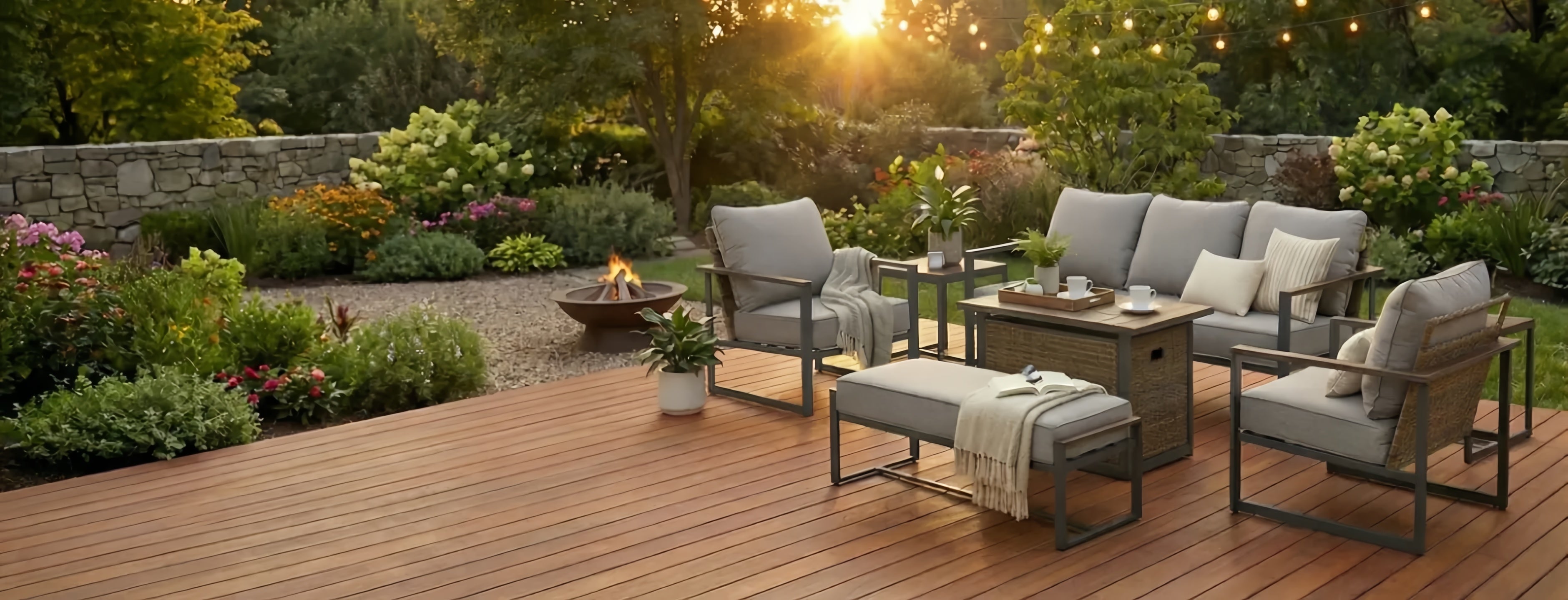Outdoor patio setting with furniture and a fire pit during sunset.