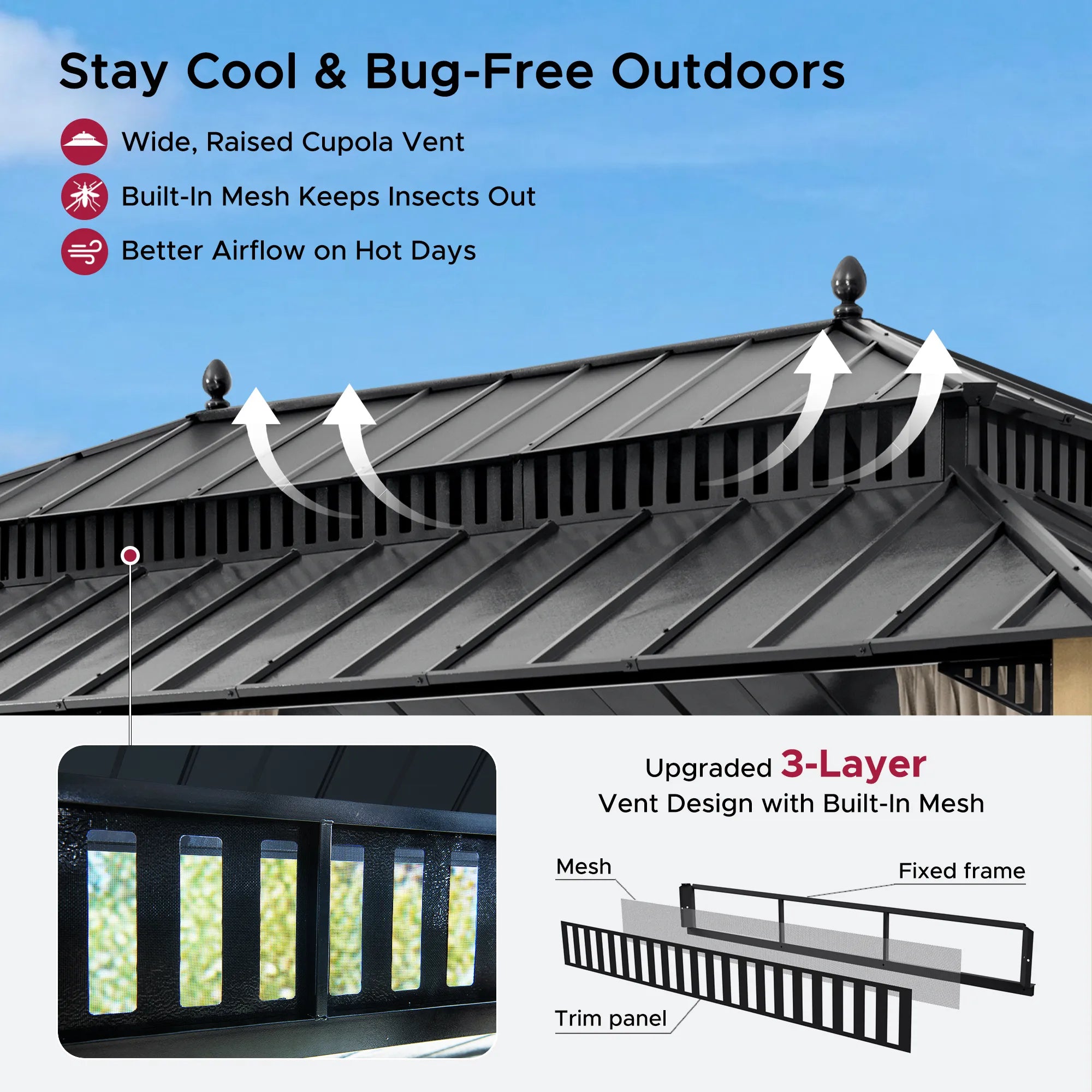 SUNJOY Kingston 12x20 Gazebo with Netting & Curtain | Steel Roof with Extra-Tall & Oversized Vent Top - Cedar Wood Posts