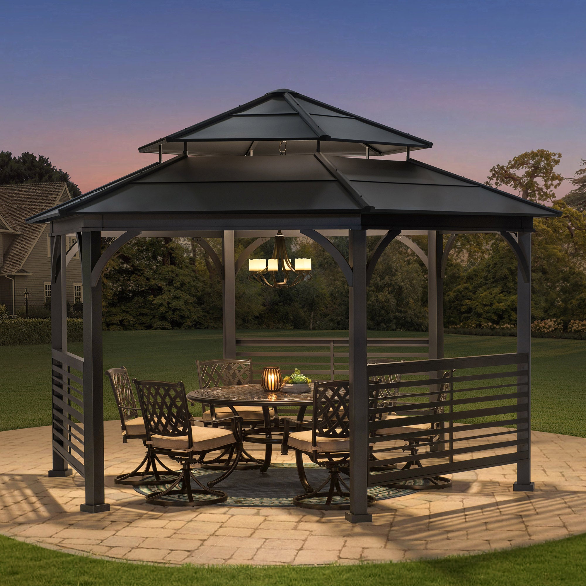 SUNJOY 15x15 Metal Roof Hexagon Gazebo with Decorative Fence.