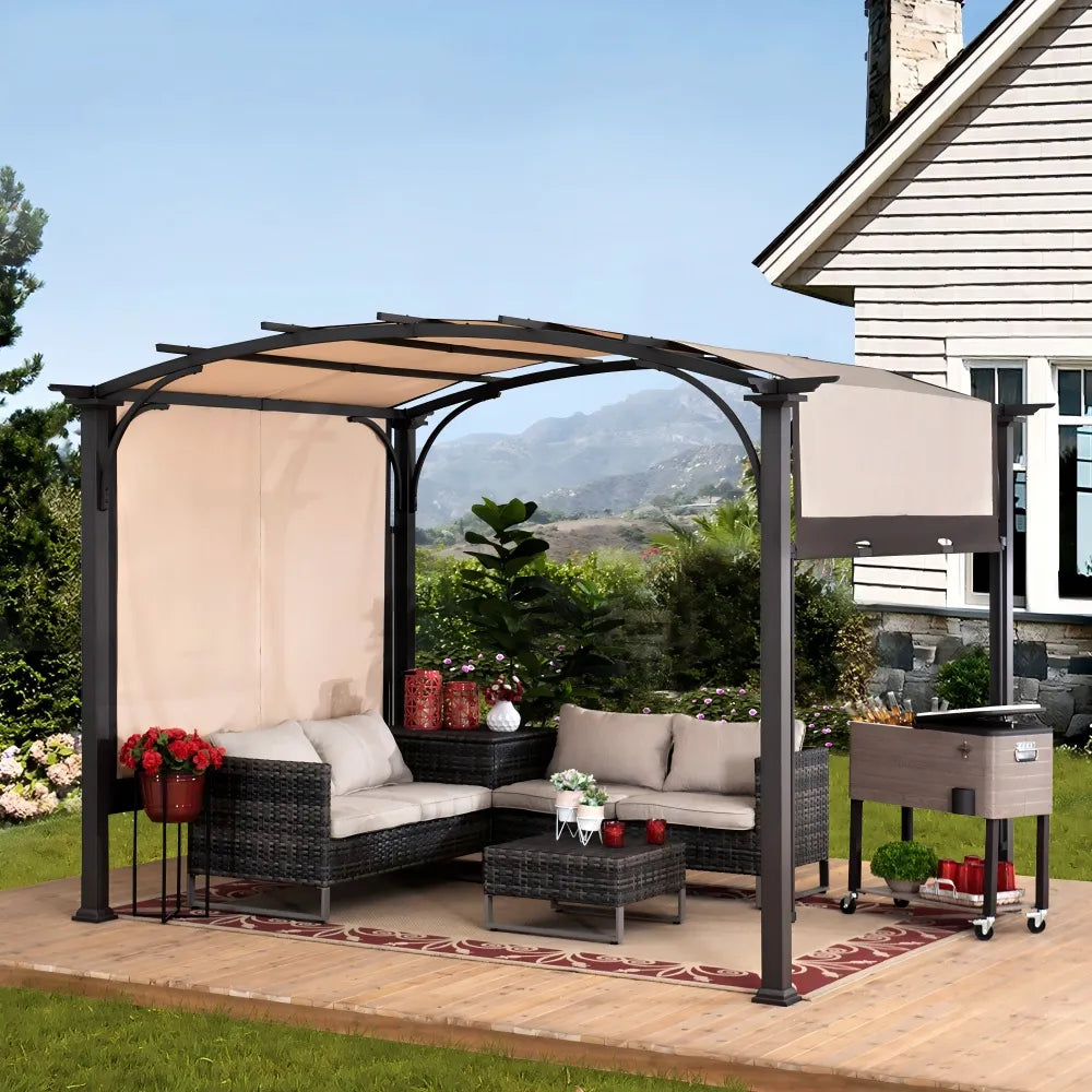 SUNJOY 9.5x11.5 Patio Pergola with Sliding Canopy and Woodgrain Metal Frame