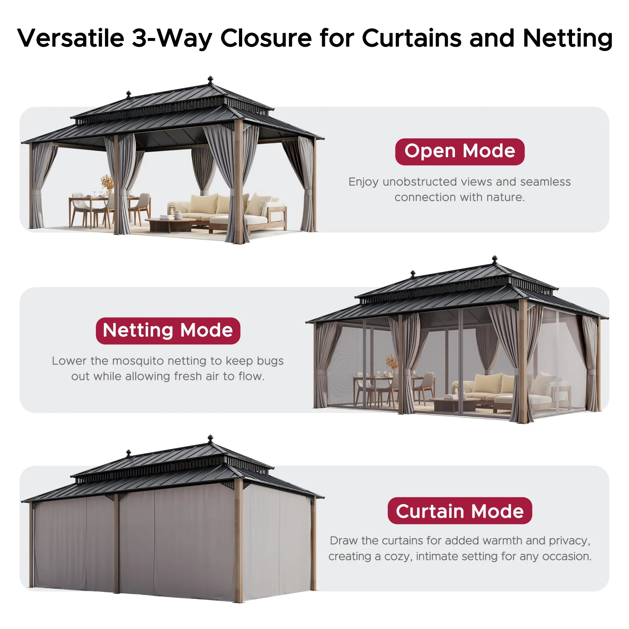 SUNJOY Kingston 12x20 Gazebo with Netting & Curtain | Steel Roof with Extra-Tall & Oversized Vent Top - Cedar Wood Posts