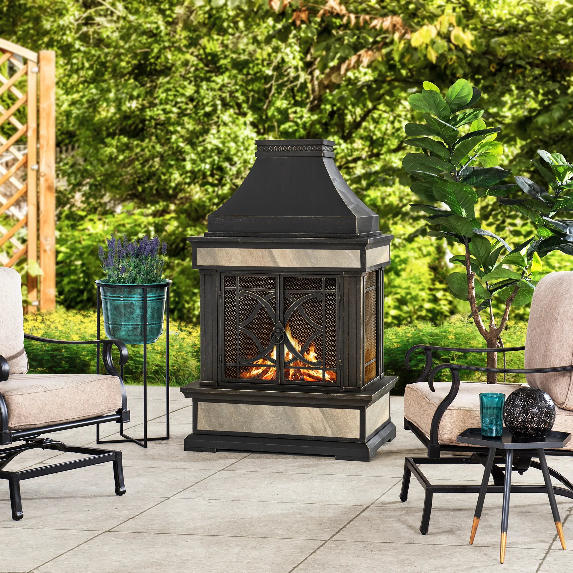 SUNJOY 57 Inch Outdoor Wood Burning Fireplace with PVC Cover - Black & Golden