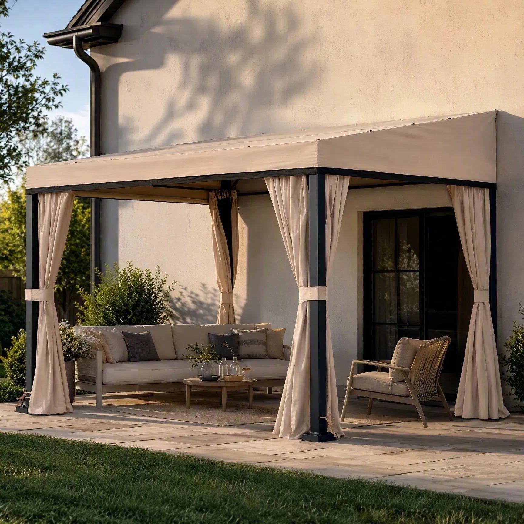 10x12 Fabric Roof Wall Mounted Gazebo, Lean to Gazebo with Curtain and Netting