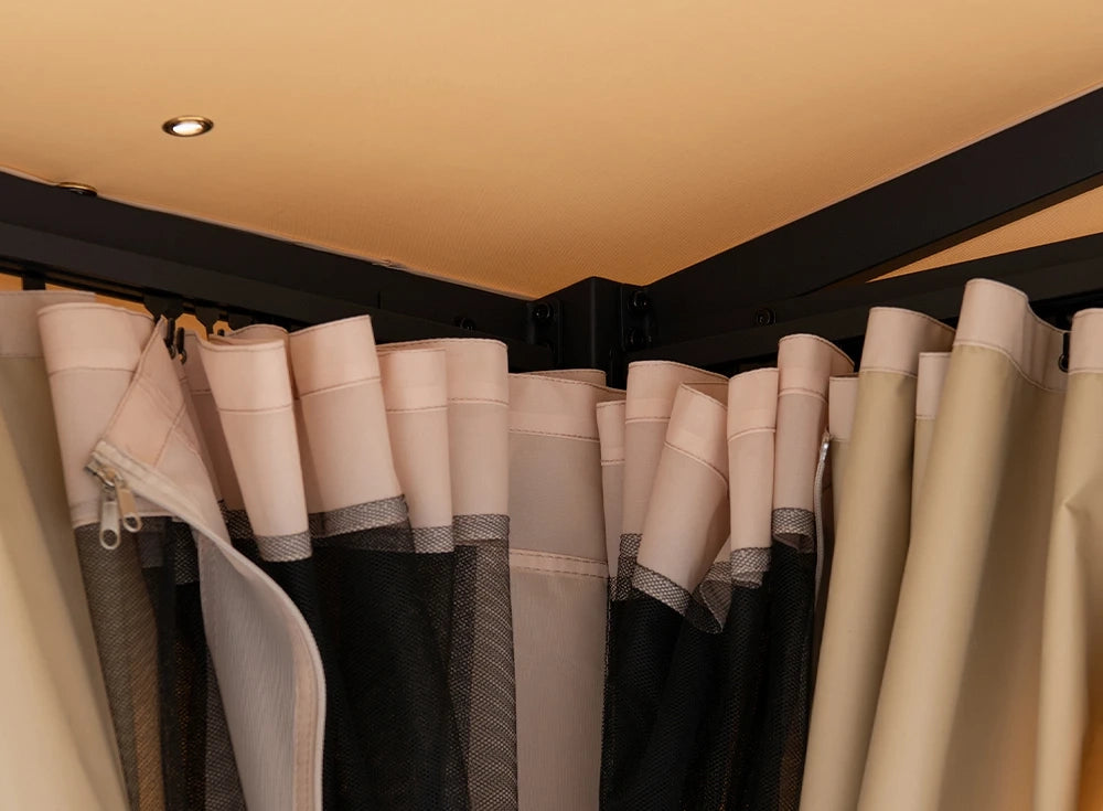 SUNJOY 10x12 Fabric Roof Wall Mounted Gazebo, Lean to Gazebo with Curtain and Netting