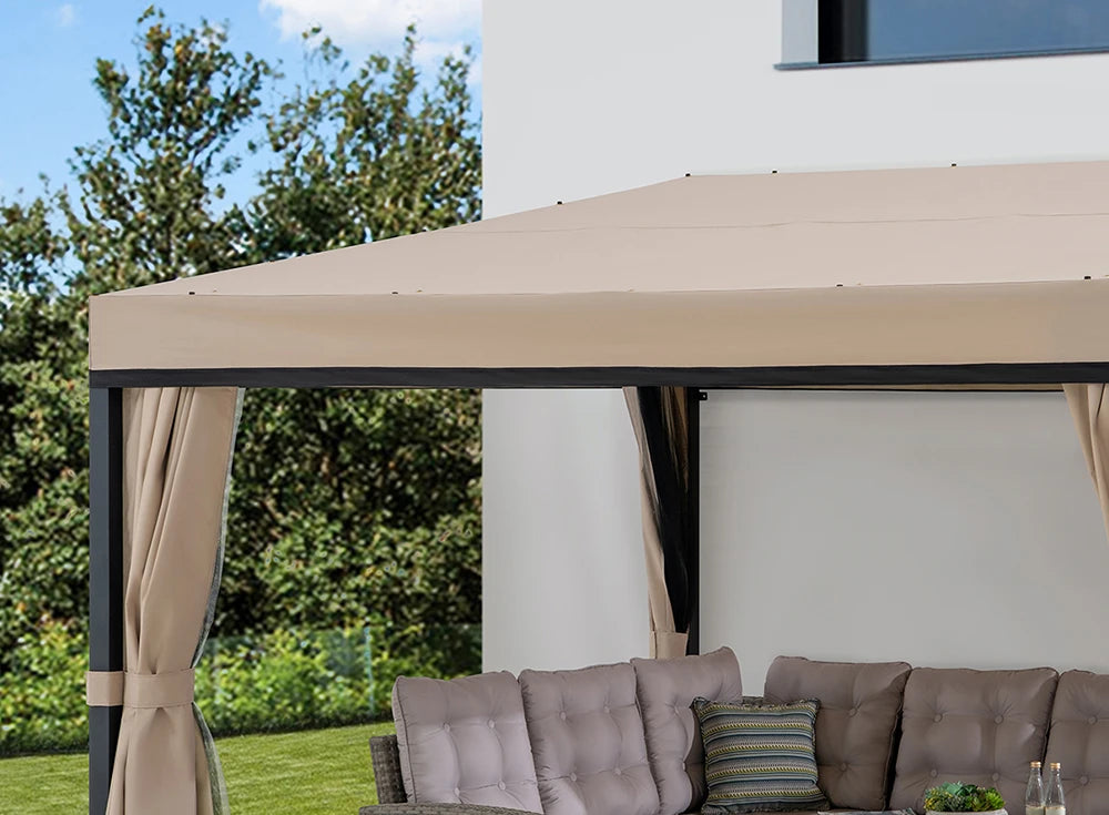 SUNJOY 10x12 Fabric Roof Wall Mounted Gazebo, Lean to Gazebo with Curtain and Netting
