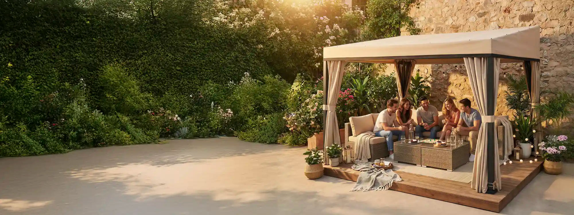 SUNJOY 10x12 Fabric Roof Wall Mounted Gazebo, Lean to Gazebo with Curtain and Netting