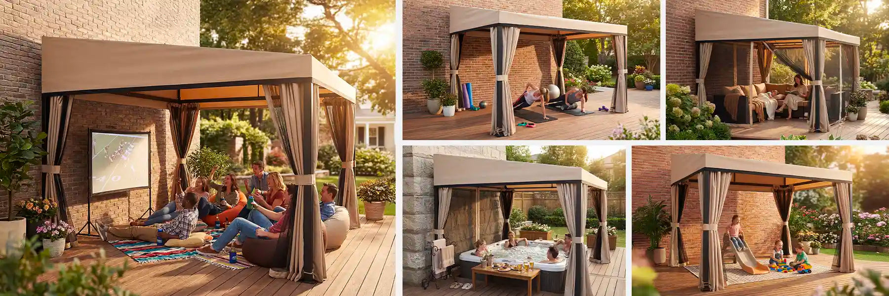 SUNJOY 10x12 Fabric Roof Wall Mounted Gazebo, Lean to Gazebo with Curtain and Netting