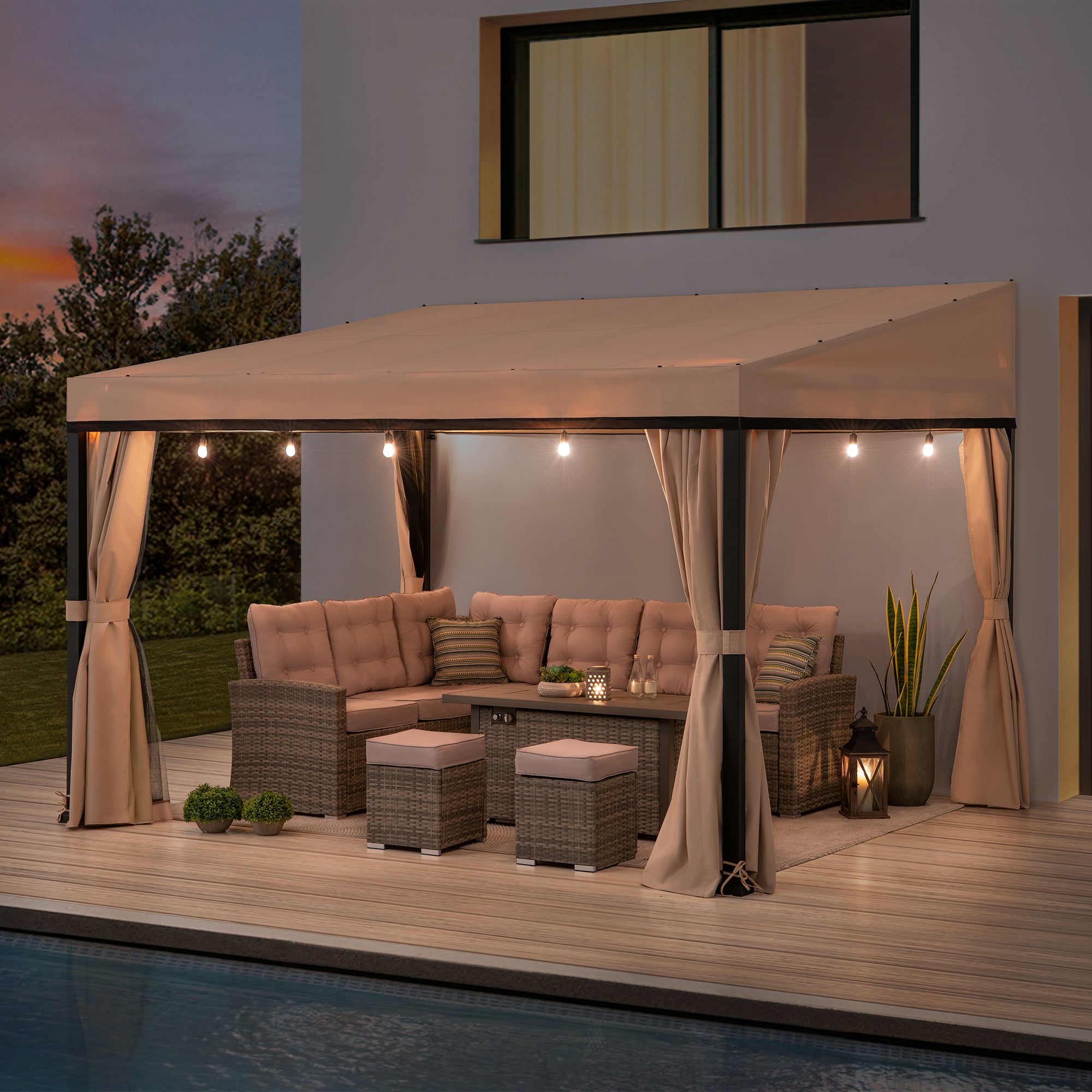 SUNJOY 10x12 Fabric Roof Wall Mounted Gazebo, Lean to Gazebo with Curtain and Netting