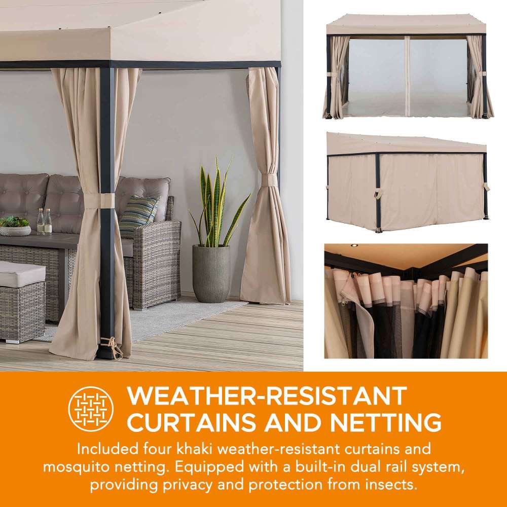 SUNJOY 10x12 Fabric Roof Wall Mounted Gazebo, Lean to Gazebo with Curtain and Netting