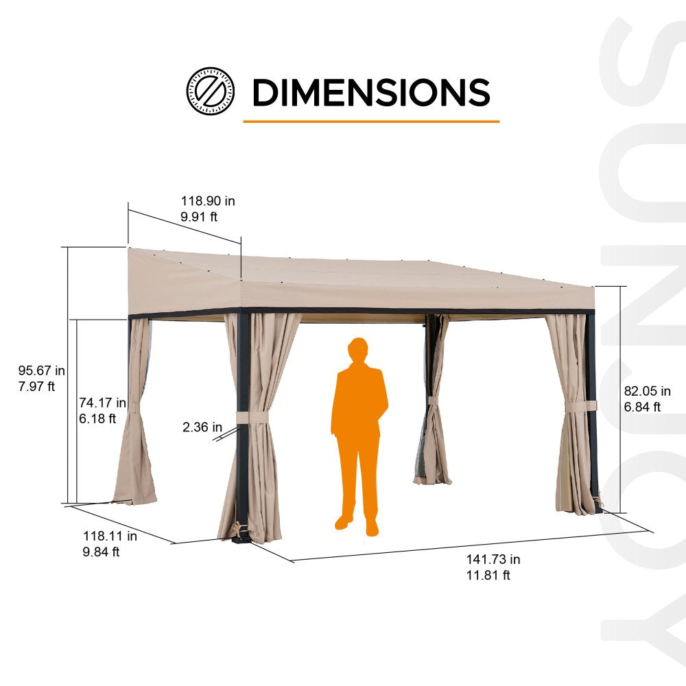 SUNJOY 10x12 Fabric Roof Wall Mounted Gazebo, Lean to Gazebo with Curtain and Netting
