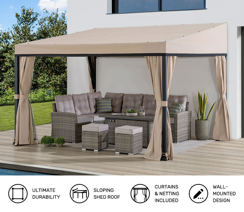 SUNJOY 10x12 Fabric Roof Wall Mounted Gazebo, Lean to Gazebo with Curtain and Netting