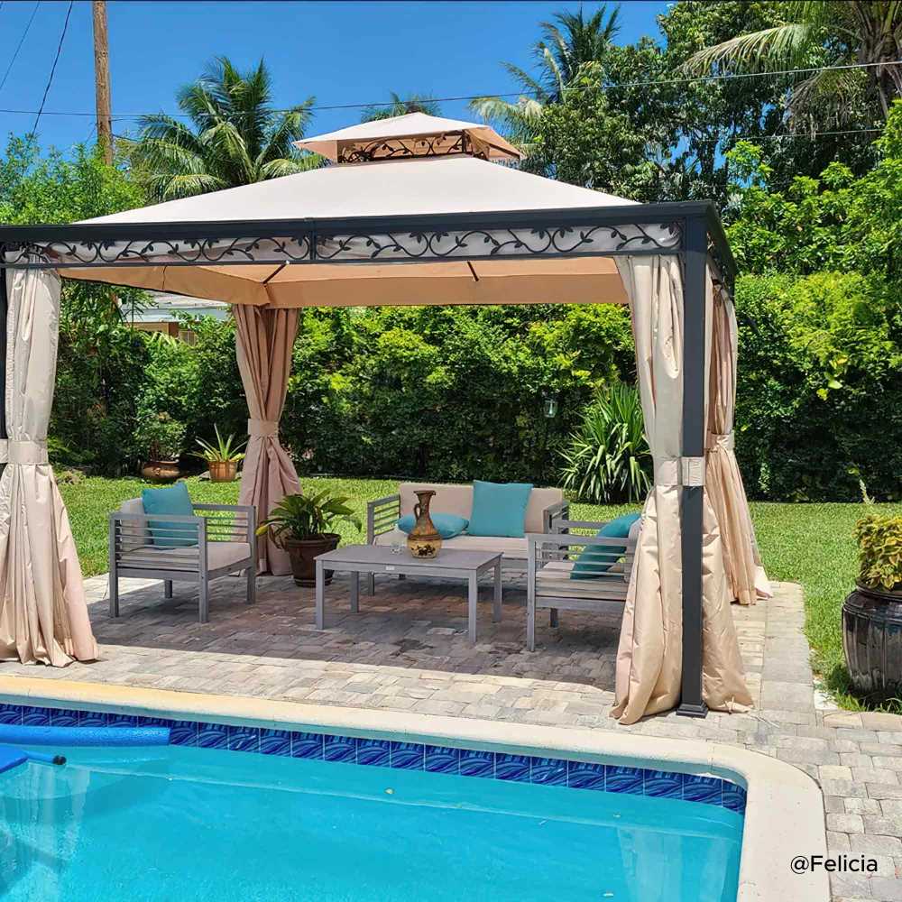 SUNJOY 10x12 Steel Patio Gazebo with Netting and Curtain.