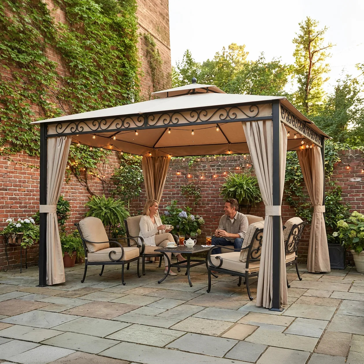 SUNJOY 10x12 Steel Patio Gazebo with Netting and Curtain