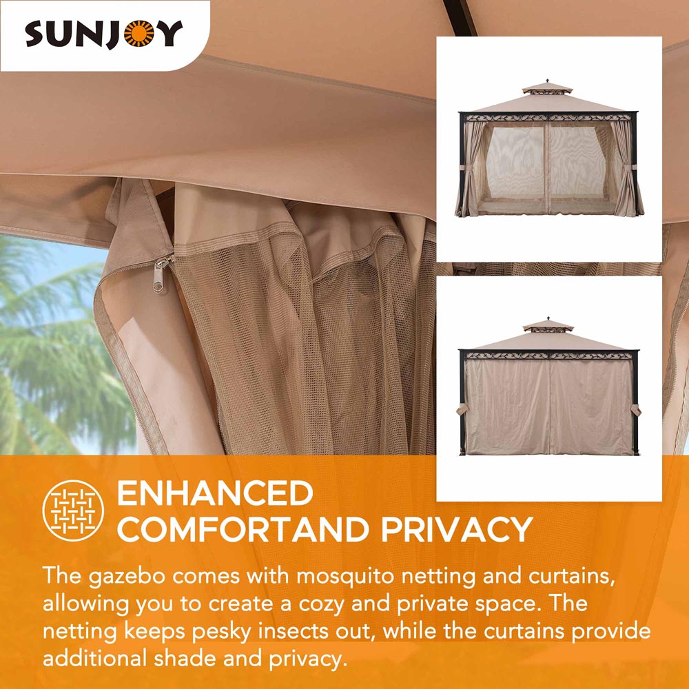 SUNJOY 10x12 Steel Patio Gazebo with Netting and Curtain.