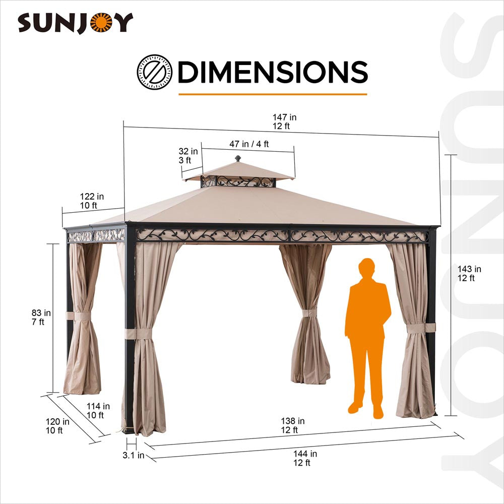 SUNJOY 10x12 Steel Patio Gazebo with Netting and Curtain.