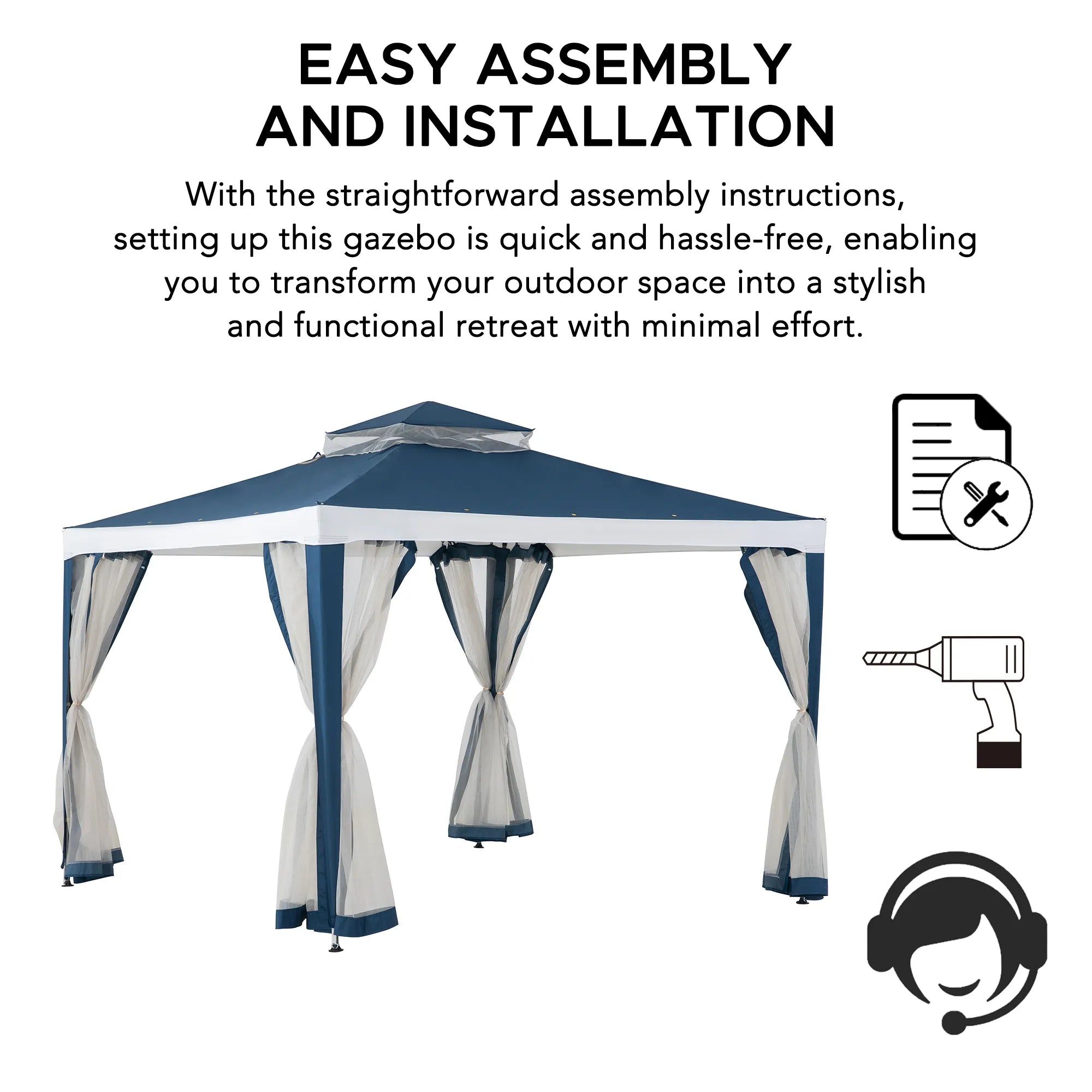 SUNJOY 10x10 Soft Top Gazebo with Mosquito Netting - Navy & White