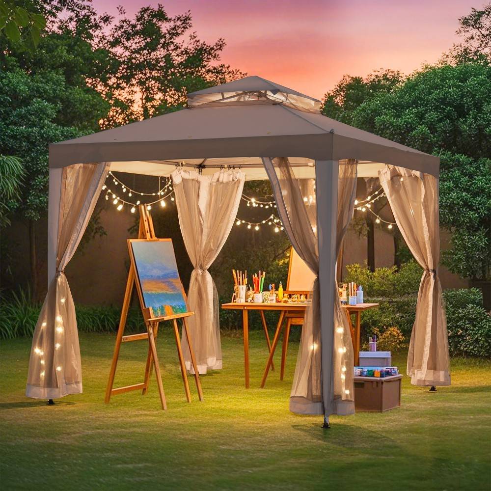 SUNJOY 8x8 Soft Top Gazebo with Mosquito Netting - Gray & Khaki