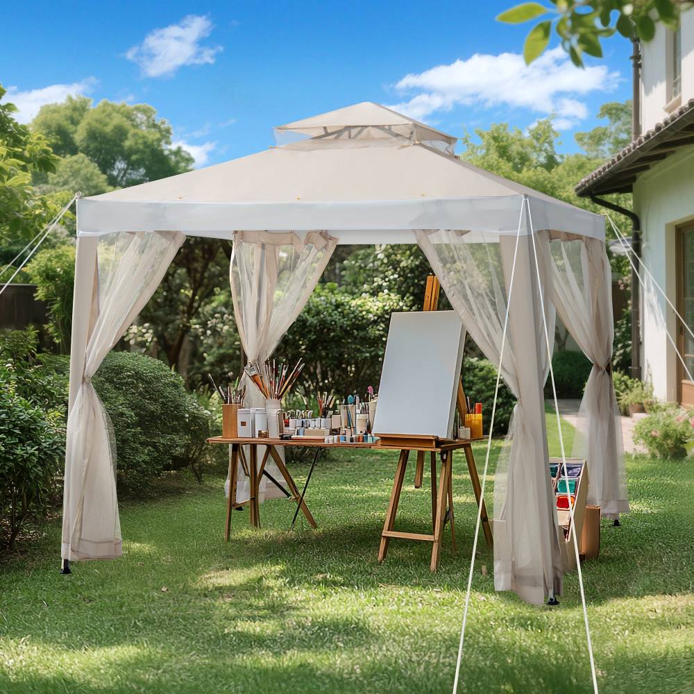AOXUN 8x8 Outdoor Gazebo With Double Roof, Mosquito Net & Privacy Screens For Patio, Backyard