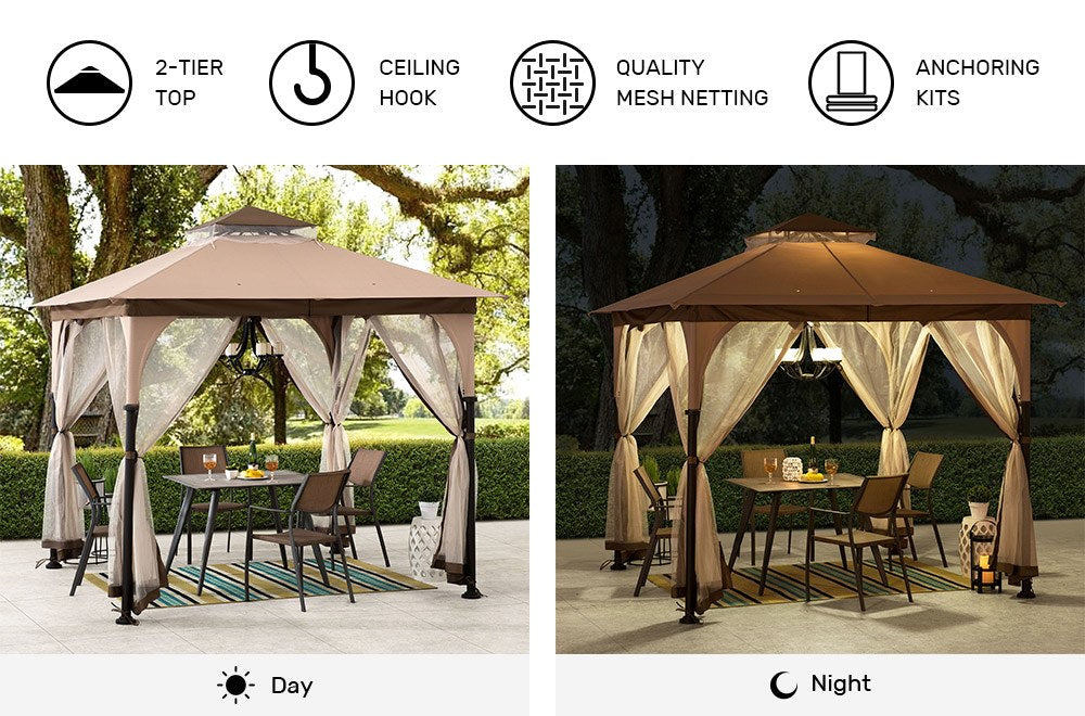 SUNJOY 9.5x9.5 2-Tier Steel Backyard Gazebo with Netting