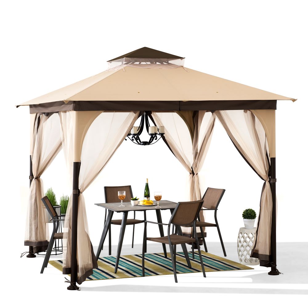 SUNJOY 9x9 2-Tier Steel Frame Gazebo with Netting - Beige