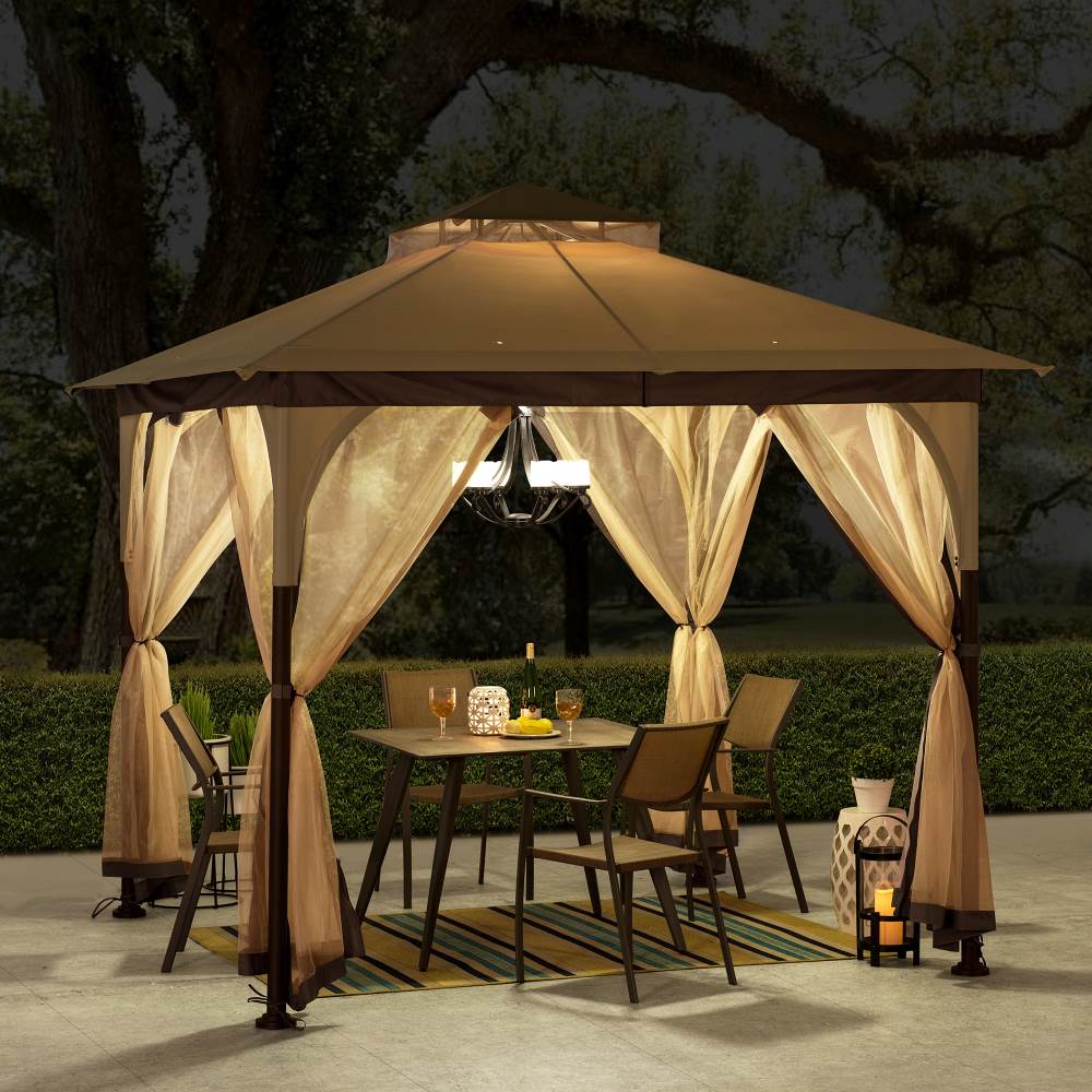 SUNJOY 9x9 2-Tier Steel Frame Gazebo with Netting - Beige