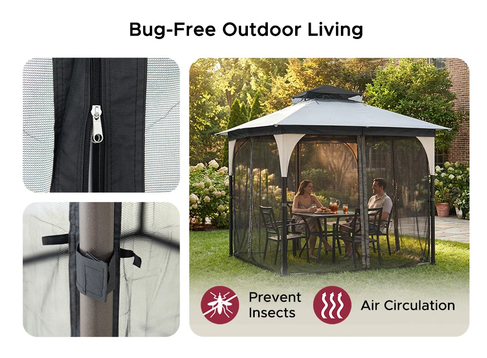 SUNJOY 9x9 Soft Top Garden Gazebo with Mosquito Netting - Light Gray & Black