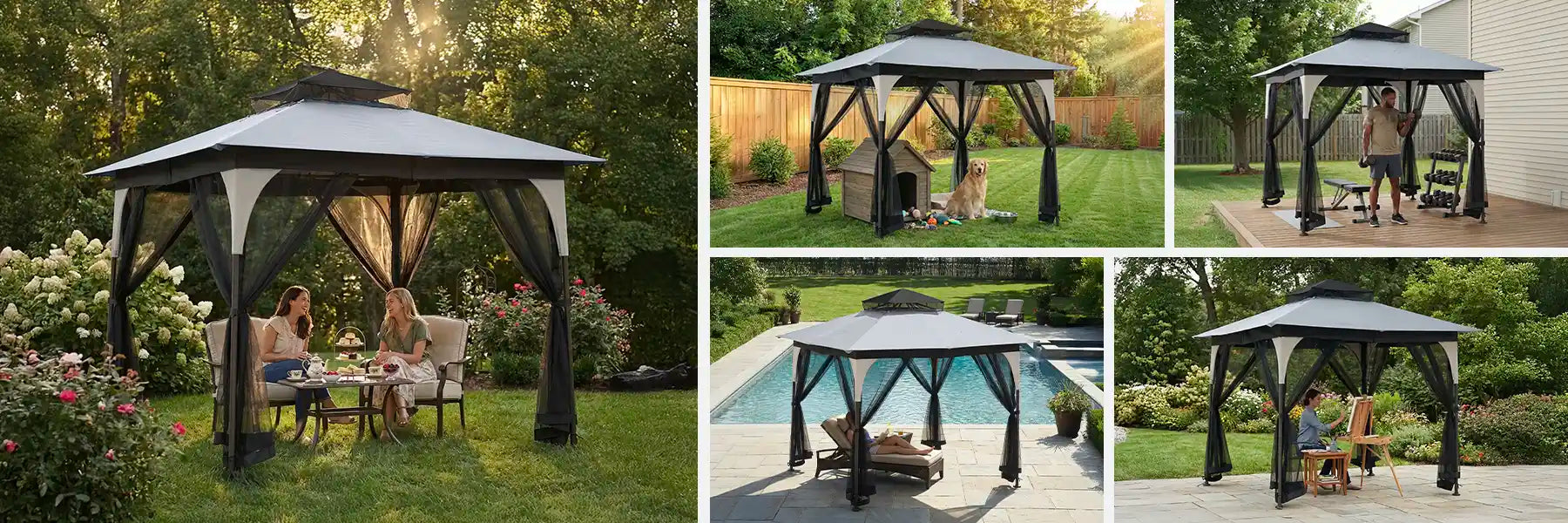 SUNJOY 9x9 Soft Top Garden Gazebo with Mosquito Netting - Light Gray & Black