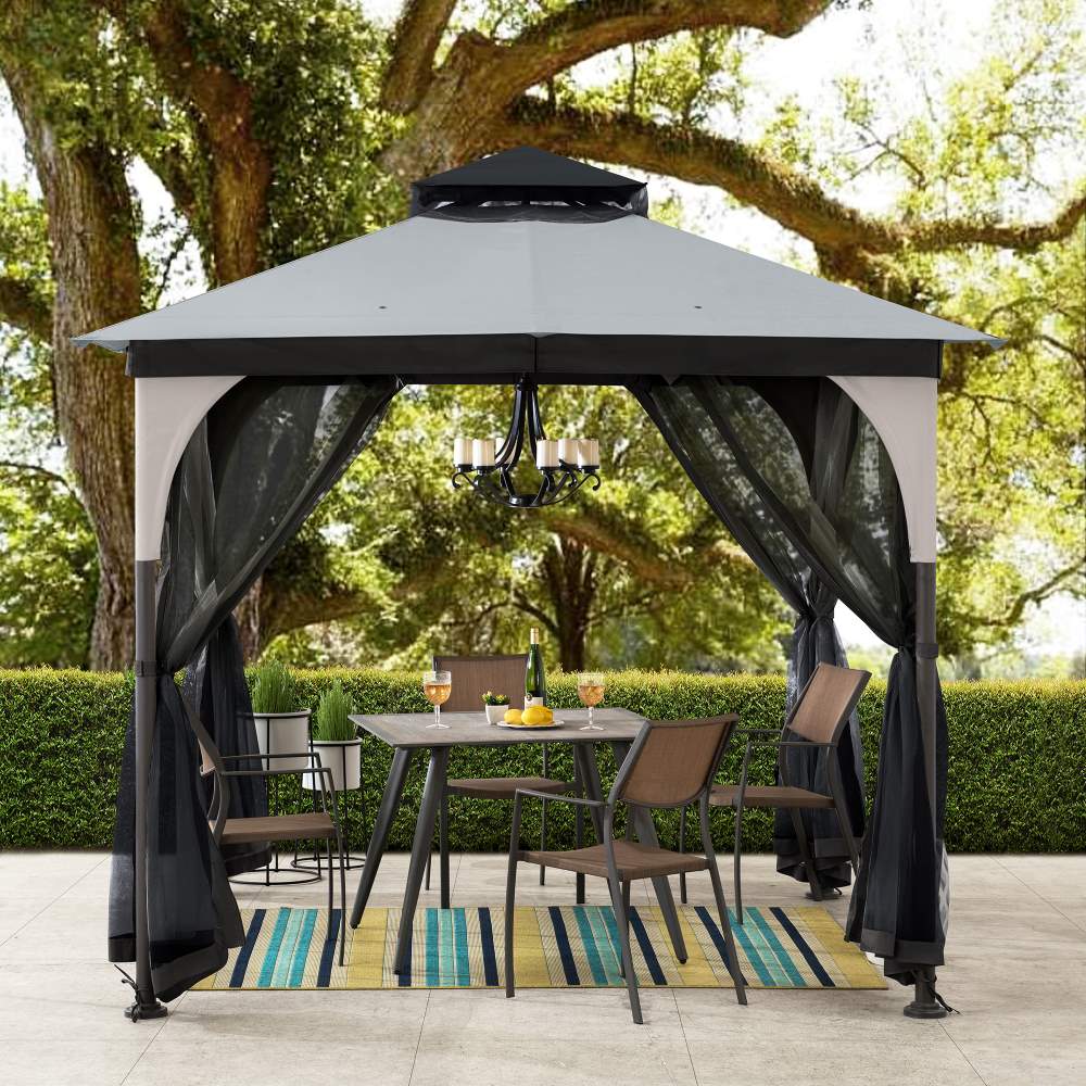 SUNJOY 9x9 2-Tier Steel Frame Gazebo with Netting - Tan
