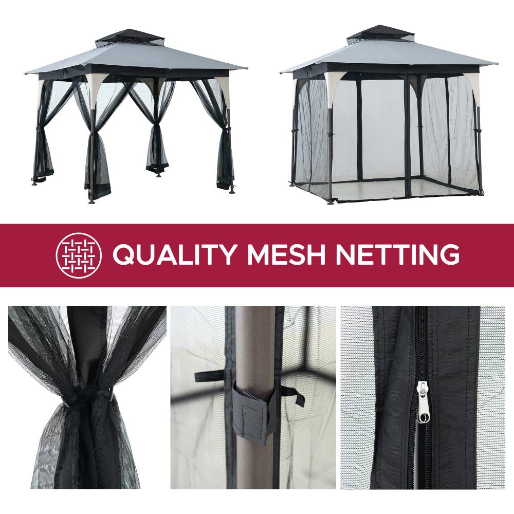 SUNJOY 9x9 2-Tier Steel Frame Gazebo with Netting - Tan