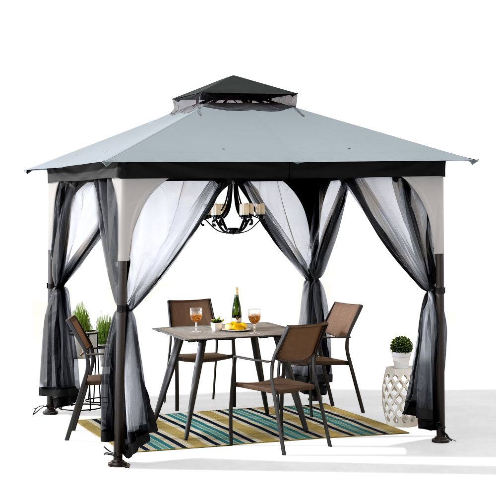 SUNJOY 9x9 2-Tier Steel Frame Gazebo with Netting - Tan