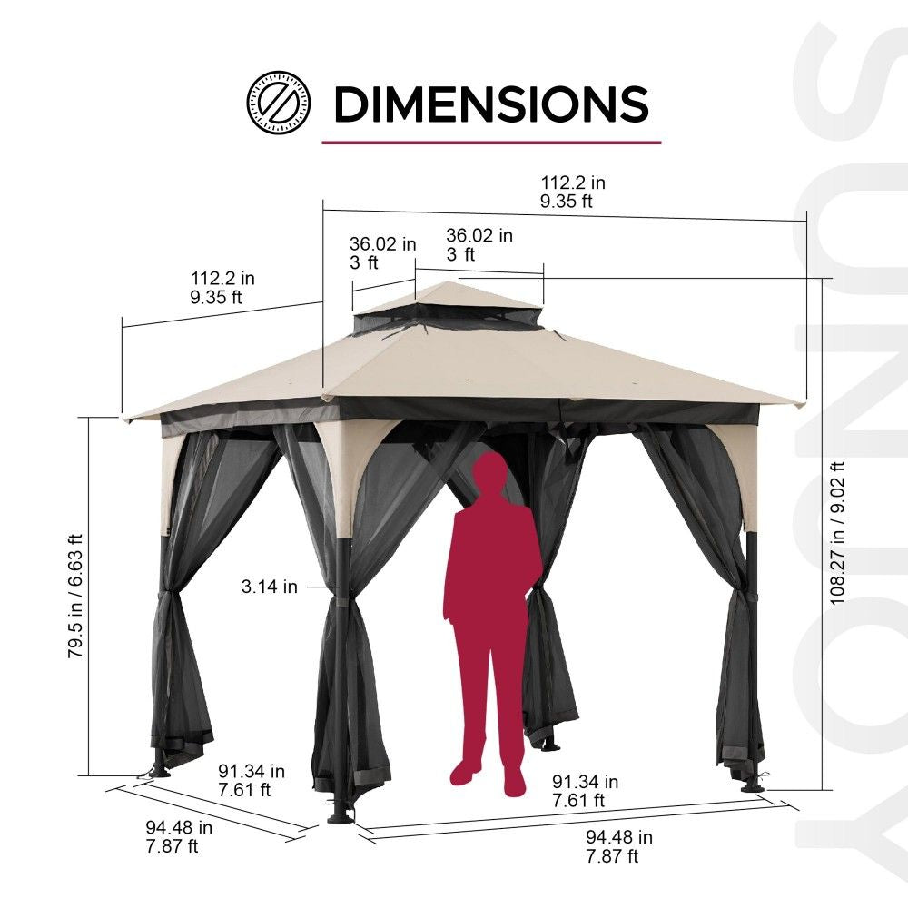 SUNJOY 9x9 2-Tier Steel Frame Gazebo with Netting - Tan