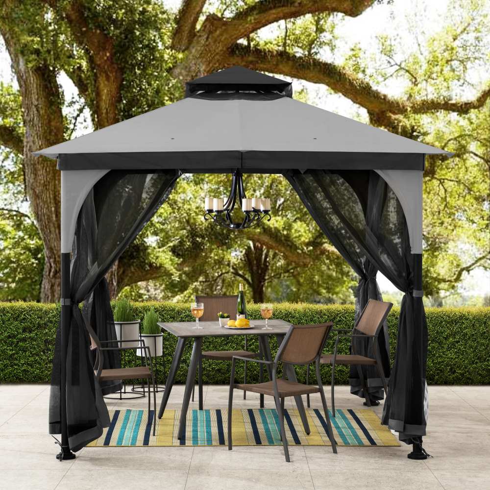 SUNJOY 9x9 2-Tier Steel Frame Gazebo with Netting - Gray