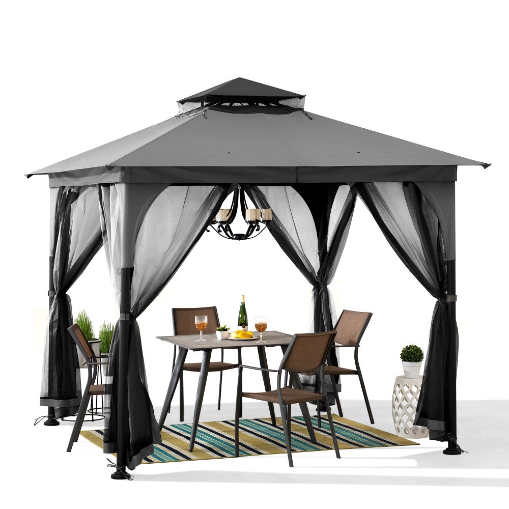 SUNJOY 9x9 2-Tier Steel Frame Gazebo with Netting - Gray