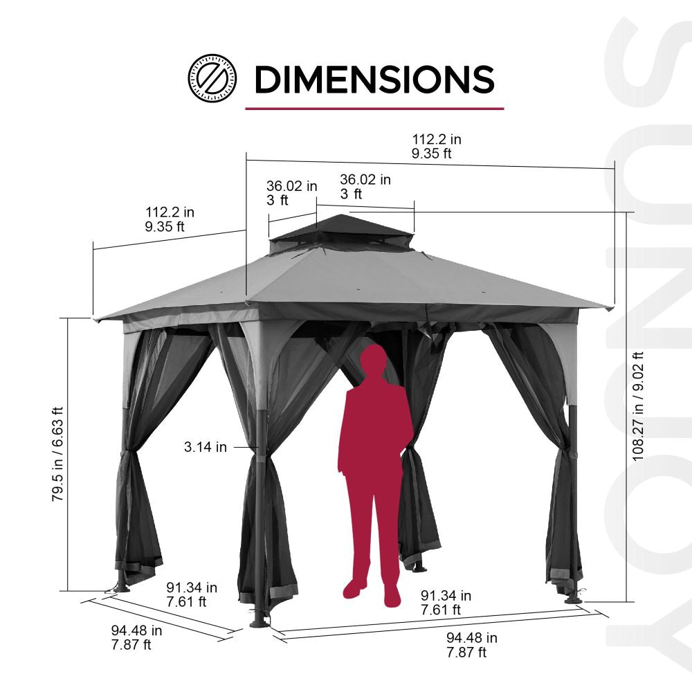 SUNJOY 9x9 2-Tier Steel Frame Gazebo with Netting - Gray