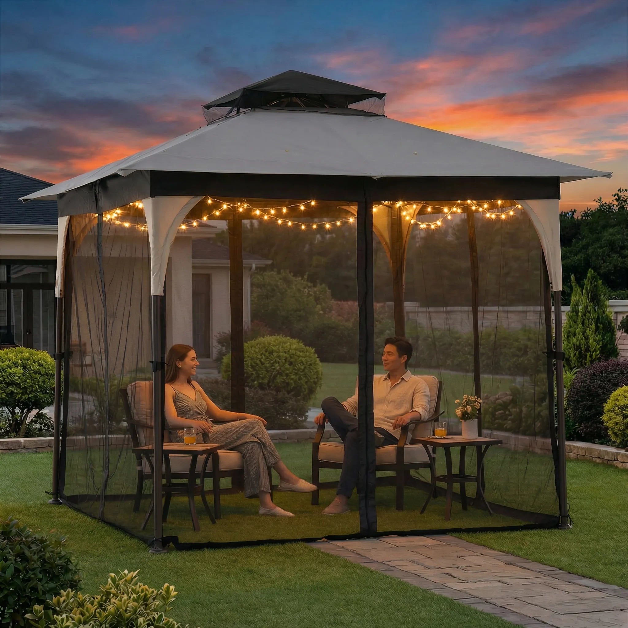 SUNJOY 9x9 Soft Top Garden Gazebo with Mosquito Netting - Gray & Black