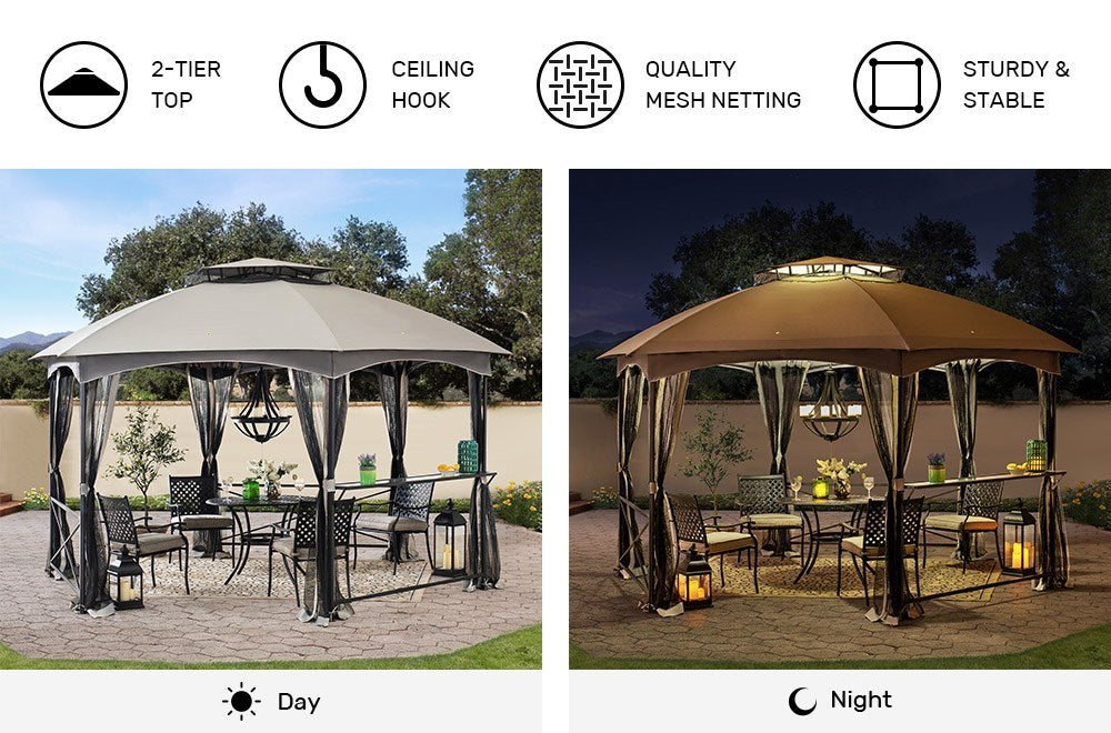 SUNJOY 15x15 Hexagon Soft Top Gazebo with Netting and Bar Shelf