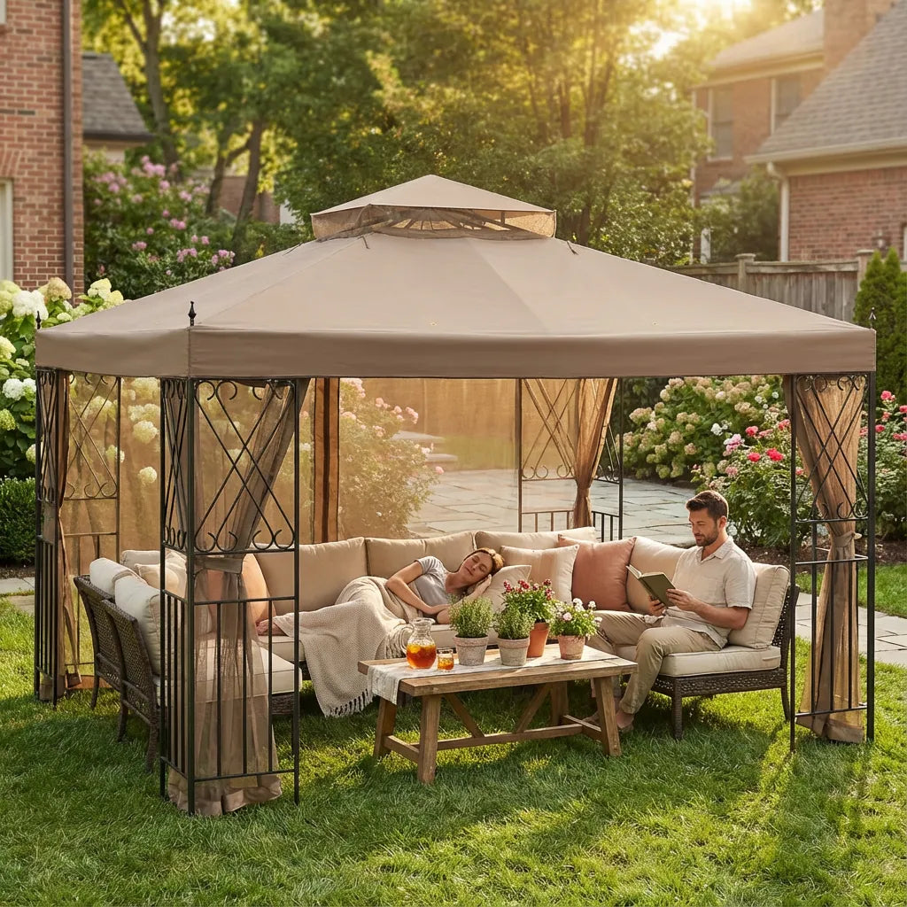 SUNJOY 10x13 Steel Outdoor Canopy Gazebo with Netting