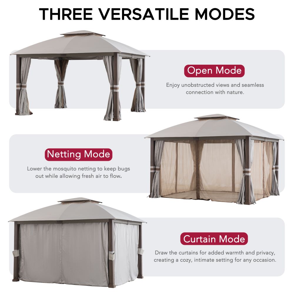 SUNJOY Outdoor Patio Steel Frame 11x13 Gazebo 2-Tier Soft Top Gazebo with Netting and Curtains - Light Gray
