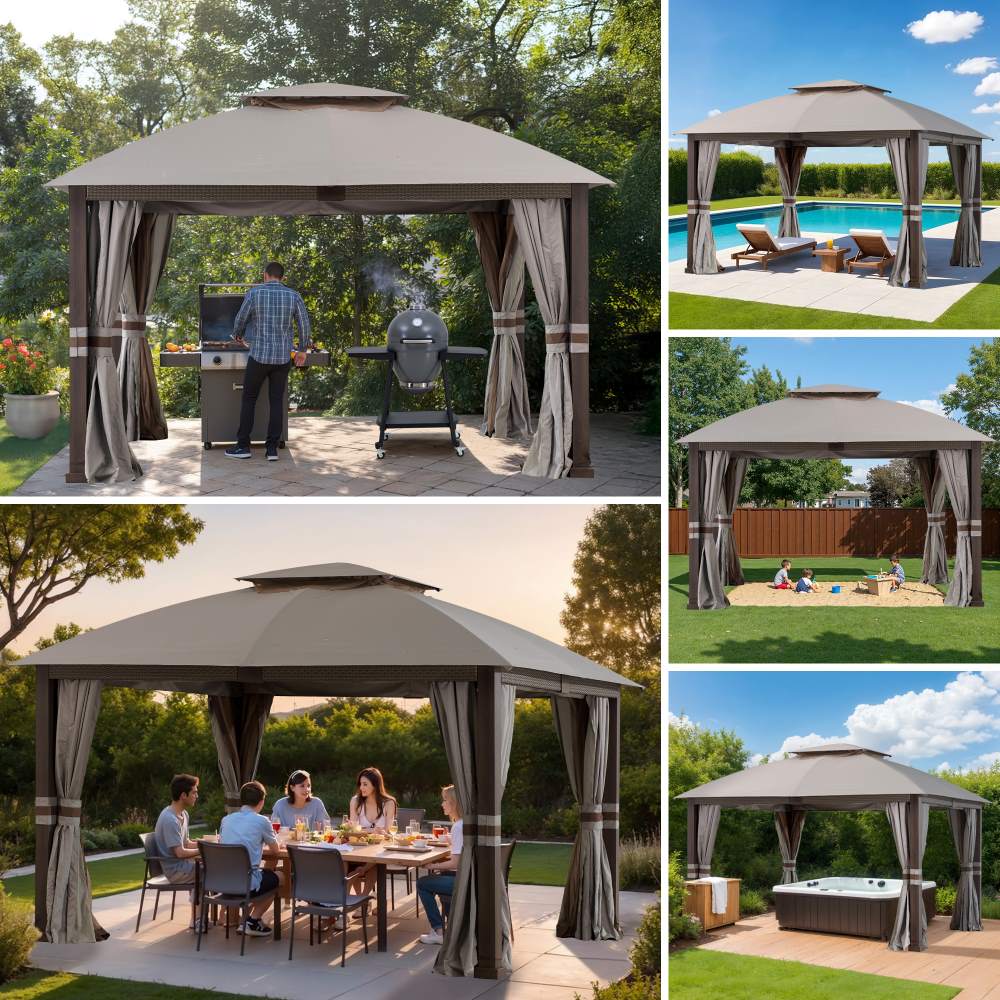 SUNJOY Outdoor Patio Steel Frame 11x13 Gazebo 2-Tier Soft Top Gazebo with Netting and Curtains - Light Gray