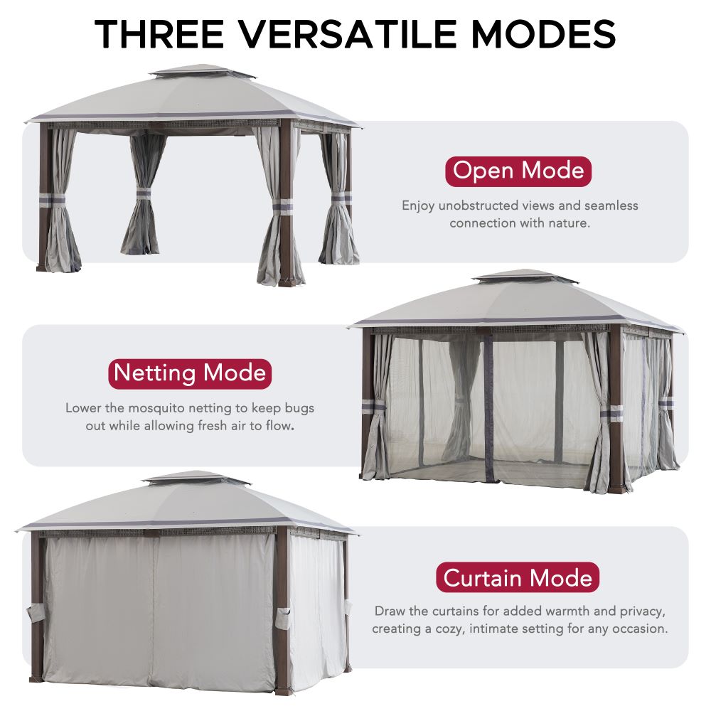 SUNJOY Outdoor Patio Steel Frame 11x13 Gazebo 2-Tier Soft Top Gazebo with Netting and Curtains - Gray