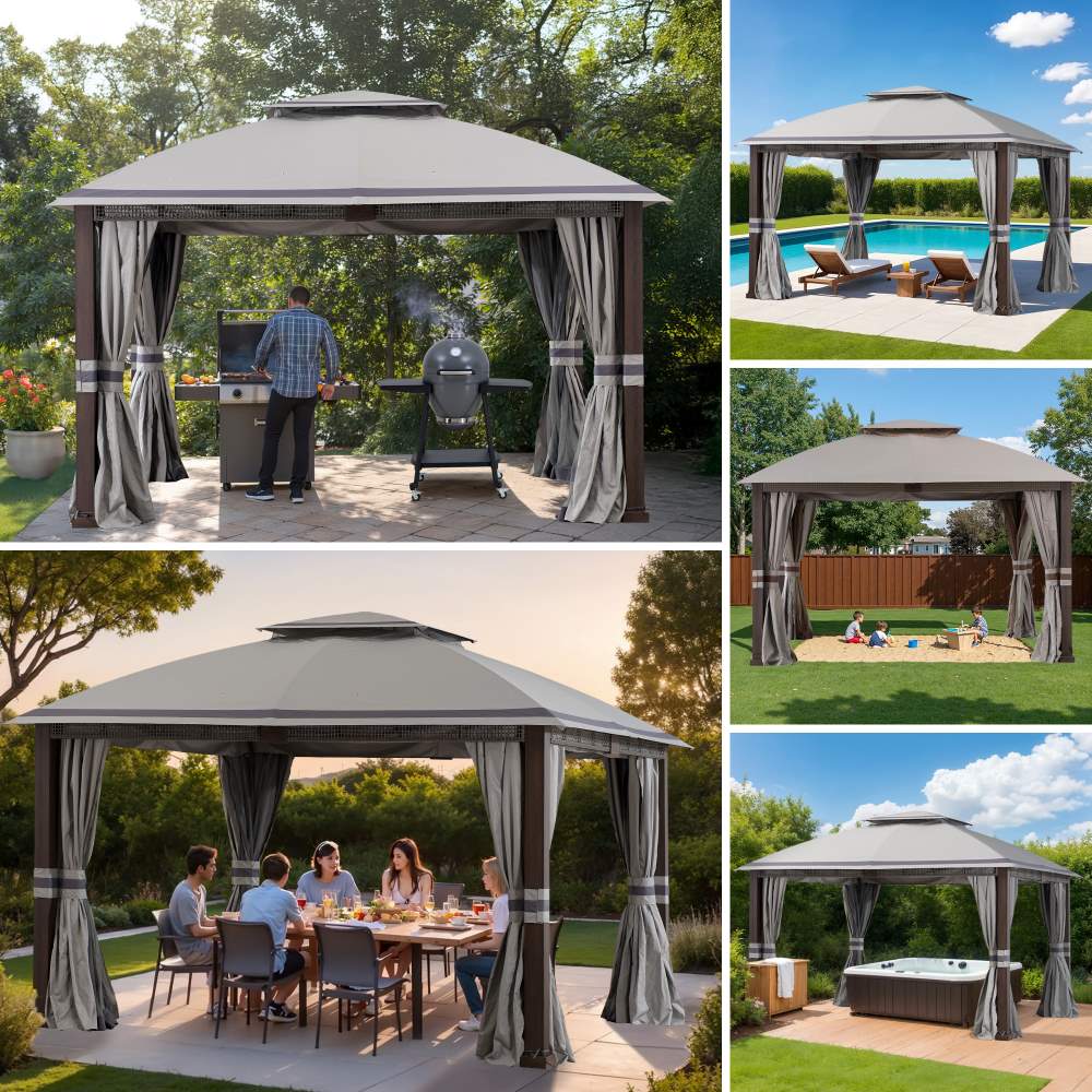 SUNJOY Outdoor Patio Steel Frame 11x13 Gazebo 2-Tier Soft Top Gazebo with Netting and Curtains - Gray